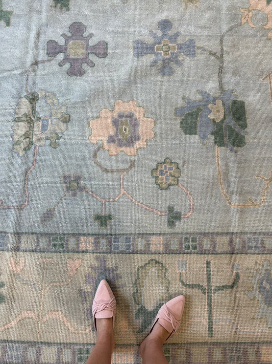 Blue floral oushak wool rug