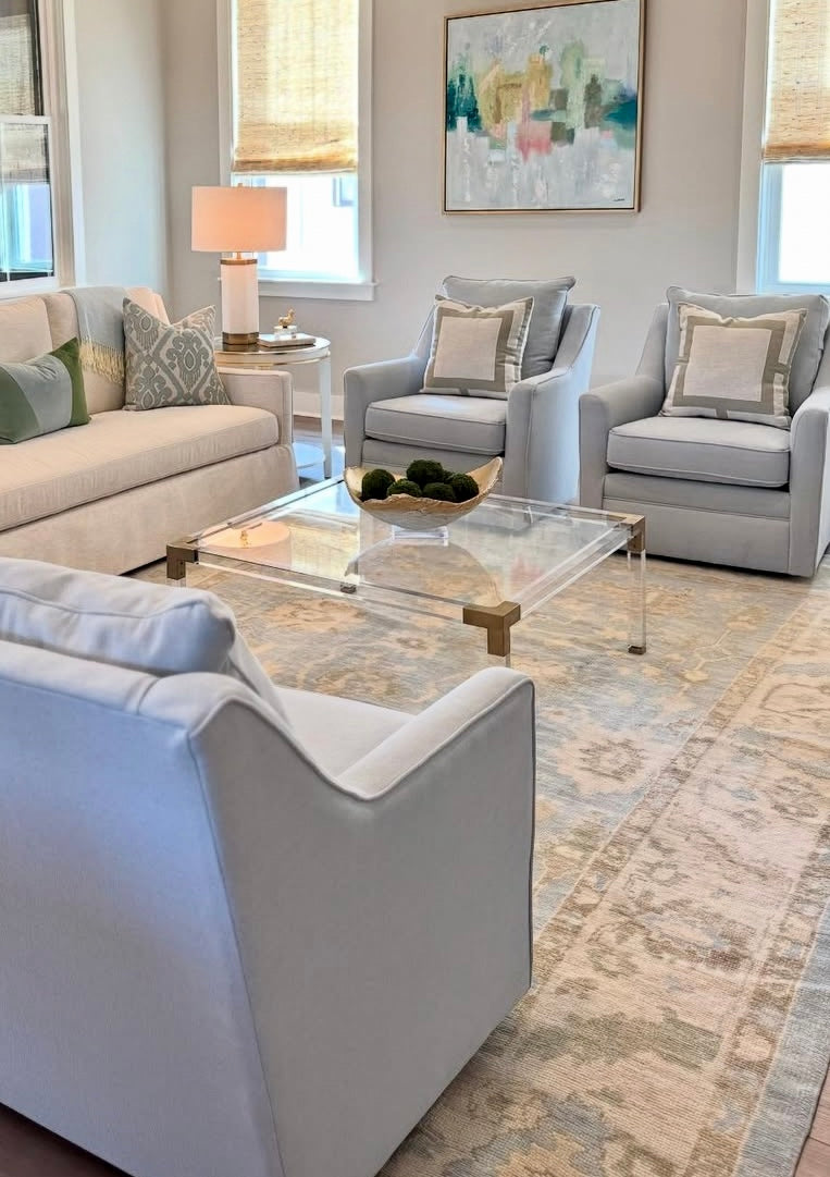 Blue Turkish Oushak Rug in living room in Fairhope, AL