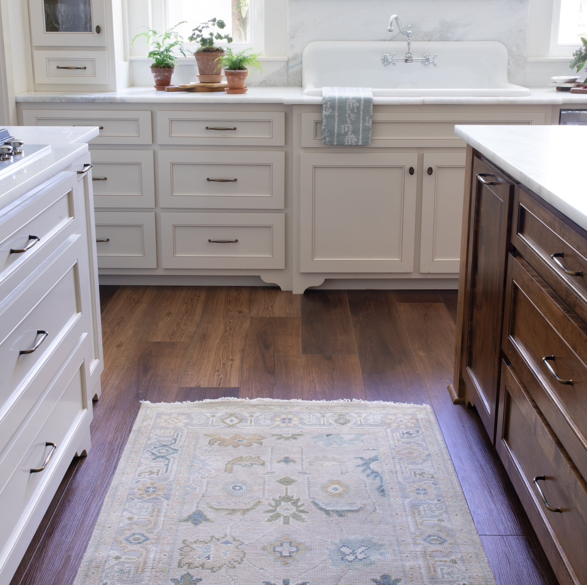 Kitchen runner neutral Turkish Oushak rug with blues and greens