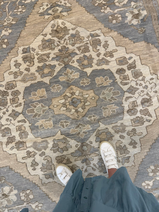 Isabella Turkish Oushak  gray blue with accents of brown, cream, tan, and light green