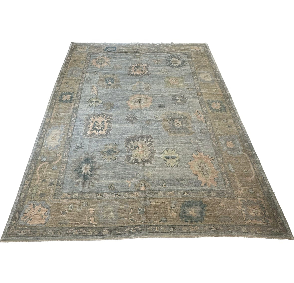 Blue turkish oushak rug hand-knotted wool rug with coral, teal, gray, light green and brown border.