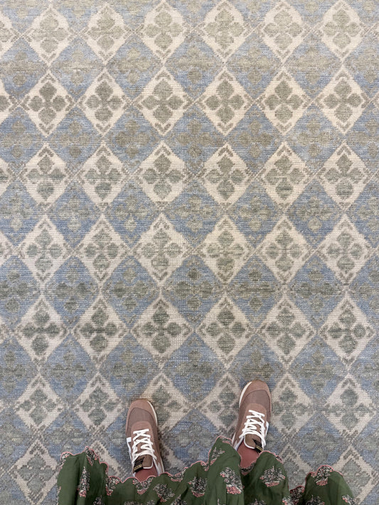 Martha Blue and Green Geometric 100% wool hand-knotted Turkish Oushak rug in fairhope, al