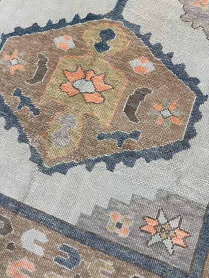 Gemma Turkish Oushak rug, light aqua, turquoise, coral, brown, cream, green — hand-knotted wool area rug