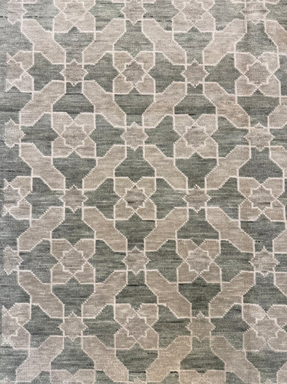 Marlee modern Oushak rug, a geometric pattern in gray-green, stone, and beige