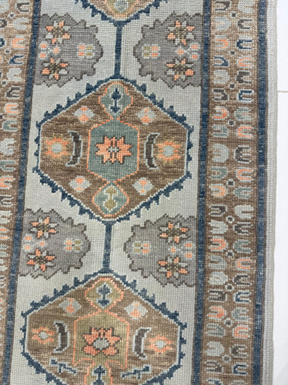 Gemma Turkish Oushak rug, light aqua, turquoise, coral, brown, cream, green, hand-knotted wool — alternate view