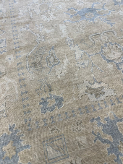Neutral wool beige tan Turkish hand-knotted Oushak rug living room bedroom rug