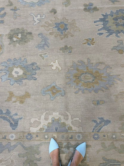 Eliza Modern Oushak rug — neutral base, soft green, gray-blue, cream, warm gold, hand-knotted 100% wool