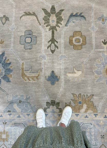Emerson Green Modern Oushak rug — soft beige, gray, cream, blues, gray green, hand-knotted 100% wool