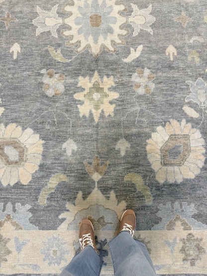Evelyn Turkish Oushak rug — deep gray-blue, cream, warm tan, light blue, light green, hand-knotted 100% wool
