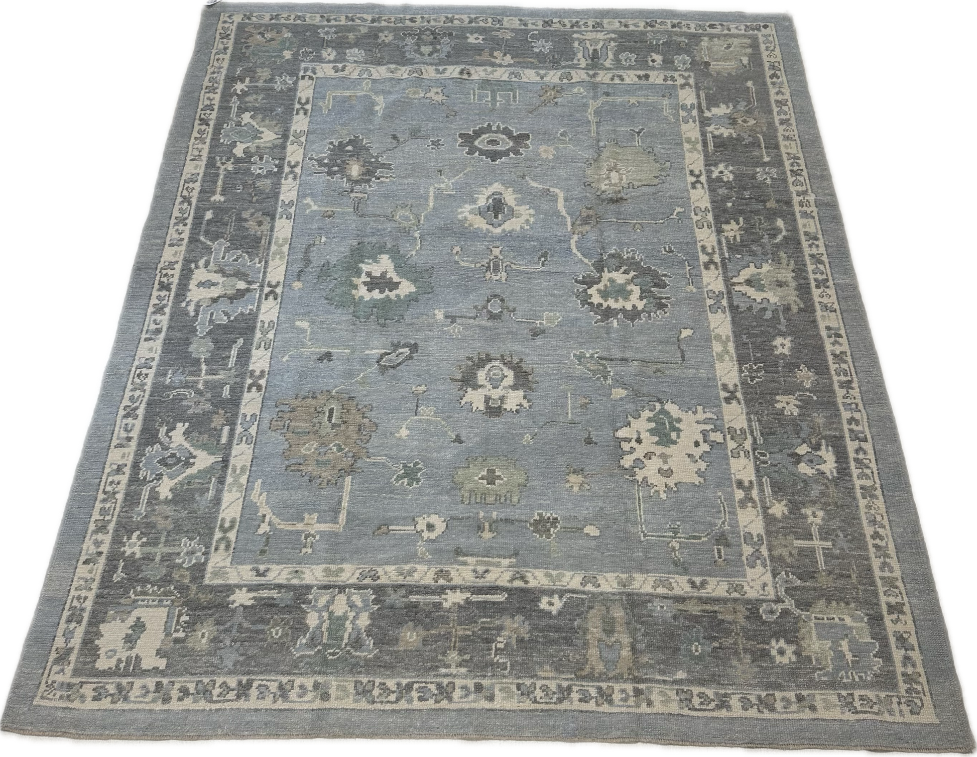 Blue oushak wool rug bedroom hand-knotted Turkish living room rug