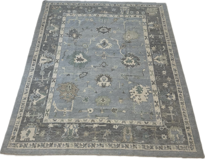 Blue oushak wool rug bedroom hand-knotted Turkish living room rug