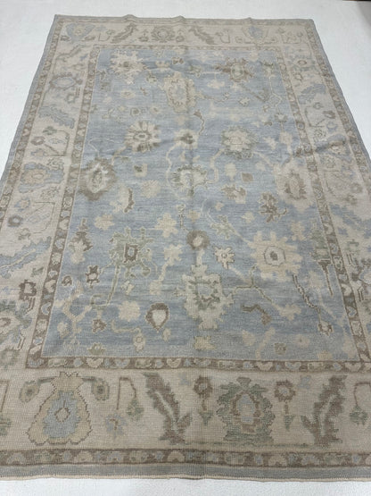 Darcy Turkish Oushak rug — hand-knotted wool in blue with blue, cream, warm brown, green