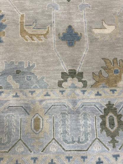 Emerson Green Modern Oushak rug close-up, soft beige, gray, cream, blues, gray green, hand-knotted 100% wool