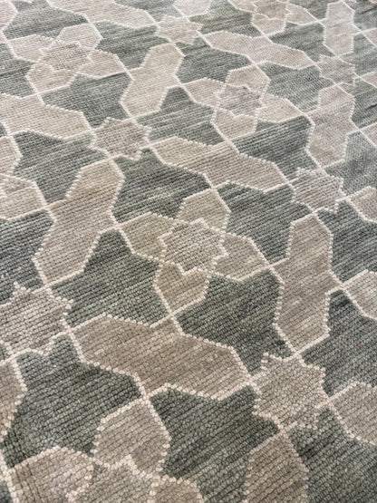 Marlee hand-knotted wool modern Oushak rug in a geometric pattern in gray-green, stone, and beige