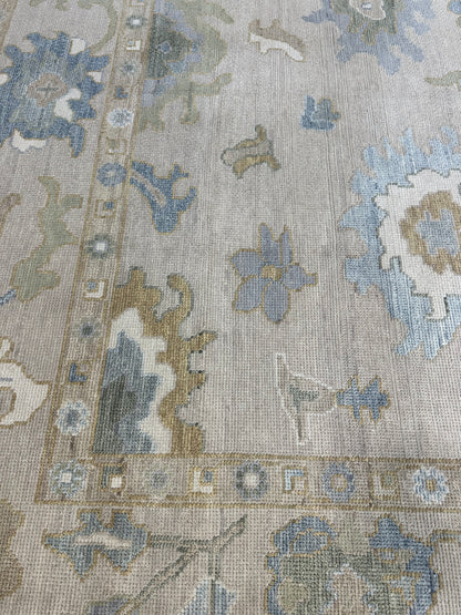 Eliza Modern Oushak rug — hand-knotted wool in neutral with neutral base, soft green, gray-blue, cream, warm gold
