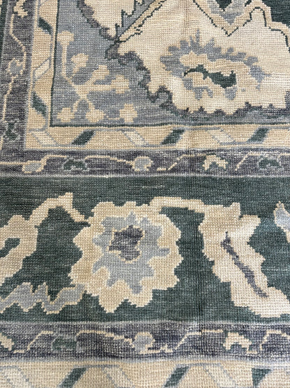 Close-up of Virginia Turkish Oushak rug showing warm vegetable-dyed tones, hand-knotted wool