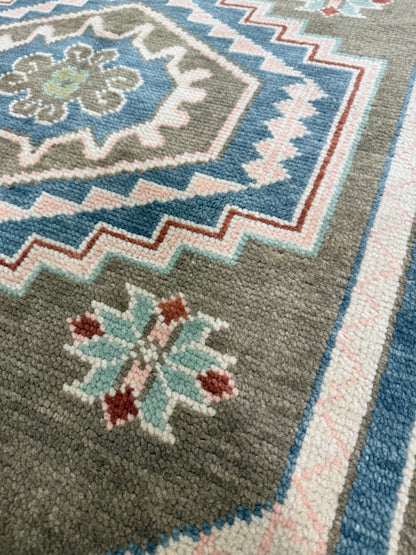 Charlotte Modern Oushak rug, medium blue, olive, rust, blush, mint green, light green, hand-knotted wool — alternate view