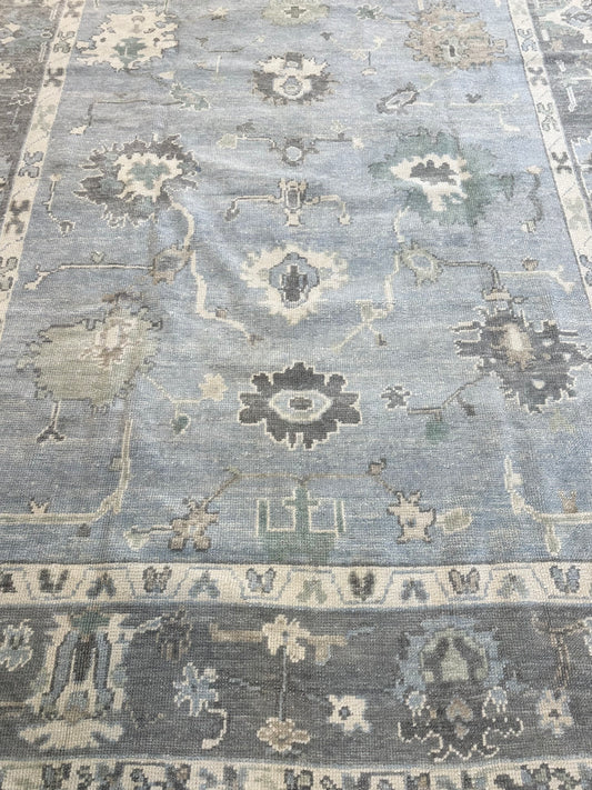 Blue oushak wool rug bedroom hand-knotted Turkish living room rug