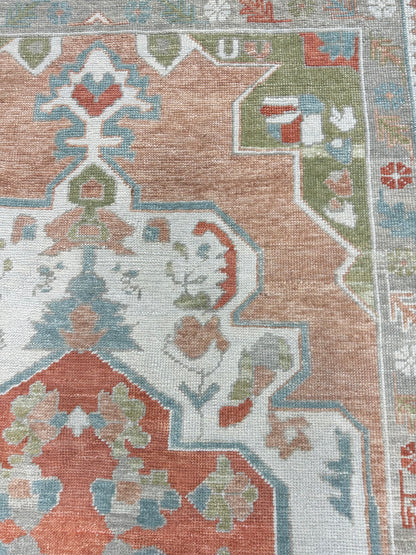 Chelsea Turkish Oushak rug, coral-orange, rust, bright blue, apple green, ivory, warm gray — hand-knotted wool area rug