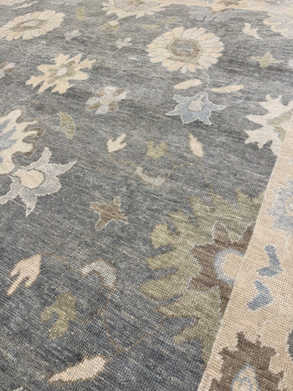 Evelyn Turkish Oushak rug, deep gray-blue, cream, warm tan, light blue, light green — hand-knotted wool area rug
