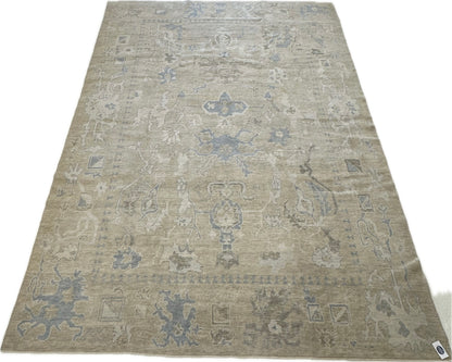 Flora Turkish Oushak rug — warm neutral, light blue, cream, hand-knotted 100% wool