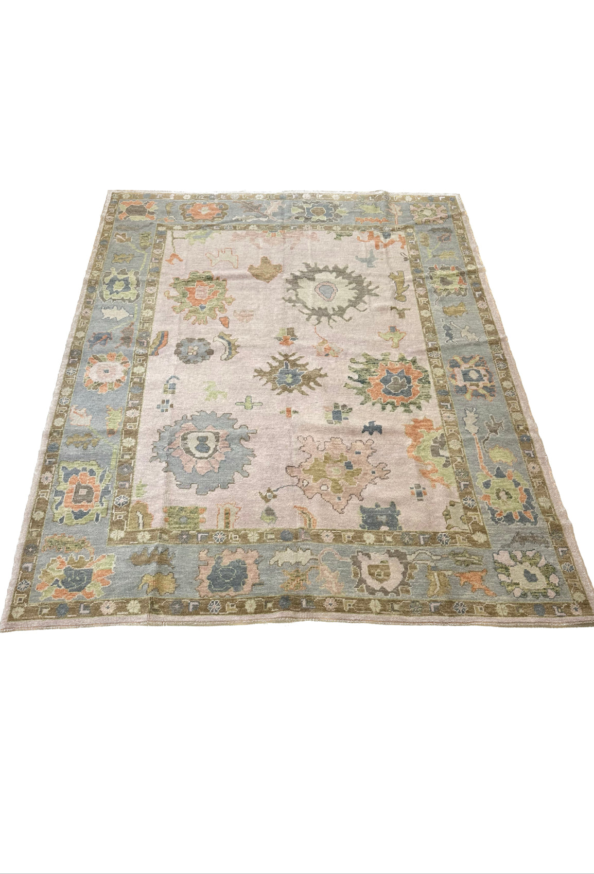 Bailey Turkish Oushak Rug by Vintage Rugs.  Colorful Turkish Oushak with blues, greens, pink, lavender, orange.