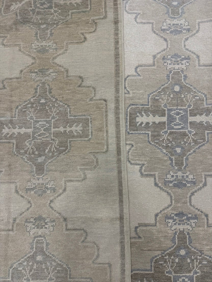 Side by side comparison of neutral turkish oushak runners with blue and green