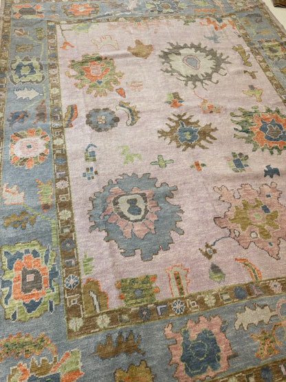Bailey Turkish Oushak rug — lavender, Kelly green, light green, light blue, brown, pink, orange, hand-knotted 100% wool