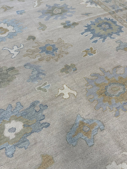 Eliza Modern Oushak rug, neutral base, soft green, gray-blue, cream, warm gold — hand-knotted wool area rug