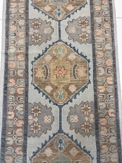 Gemma Turkish Oushak rug — hand-knotted wool in aqua with light aqua, turquoise, coral, brown, cream, green