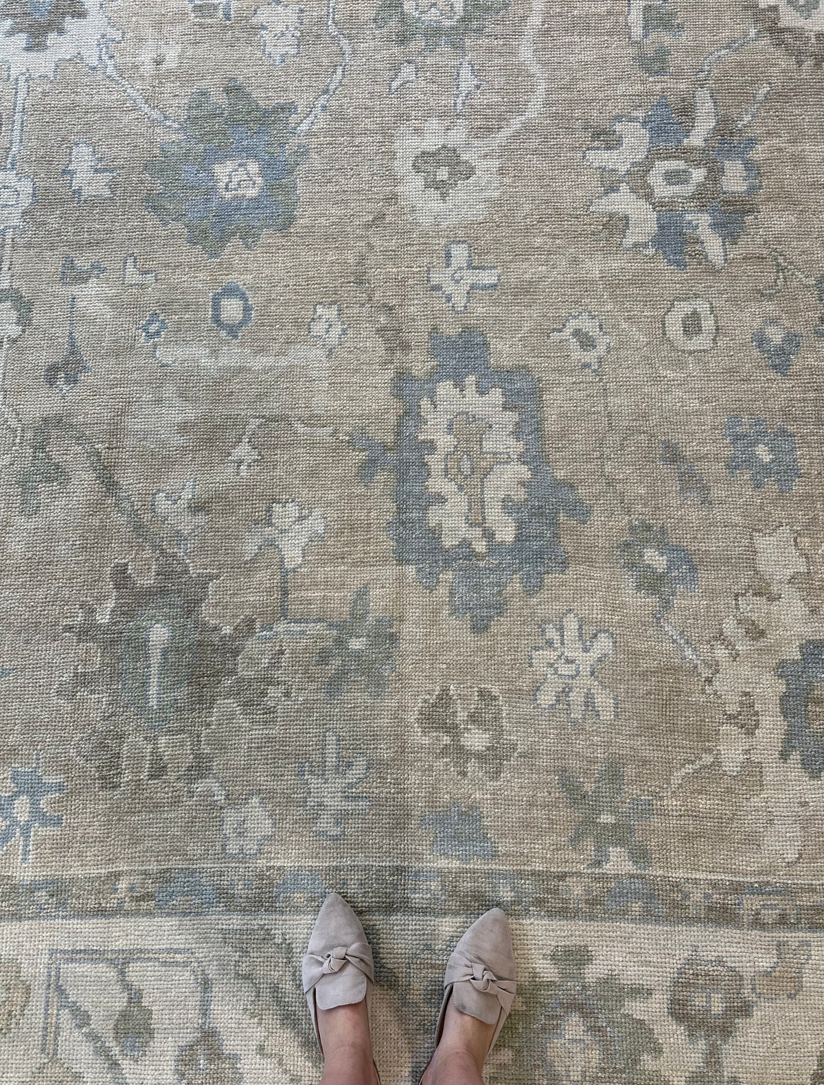 Frances Turkish Oushak rug — neutral cream, blue, light green, brown, hand-knotted 100% wool