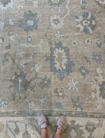 Frances Turkish Oushak rug — neutral cream, blue, light green, brown, hand-knotted 100% wool