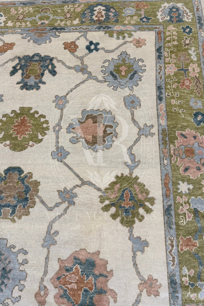 Posey ivory and chartreuse Turkish Oushak rug with turquoise, salmon, light blue, and brown accents, hand-knotted wool