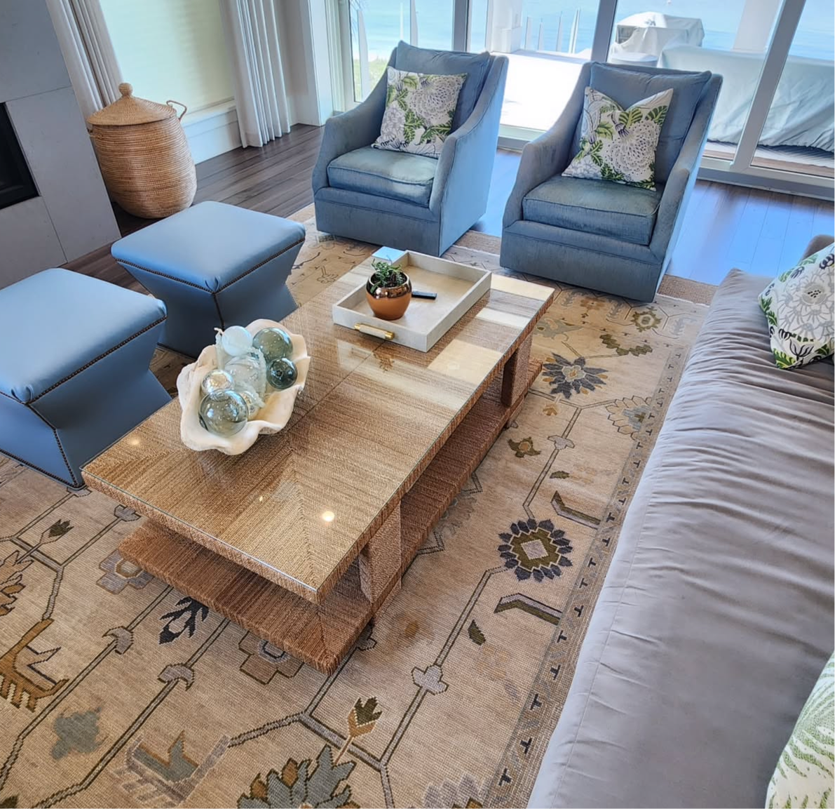 Emmaline Neutral with blue and green Modern Oushak rug in Living room