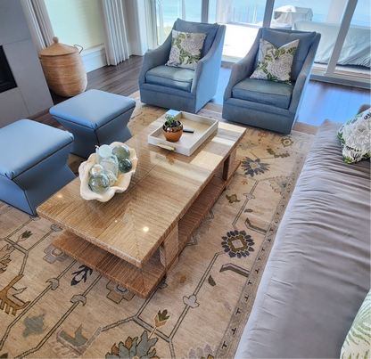 Emmaline Neutral with blue and green Modern Oushak rug in Living room