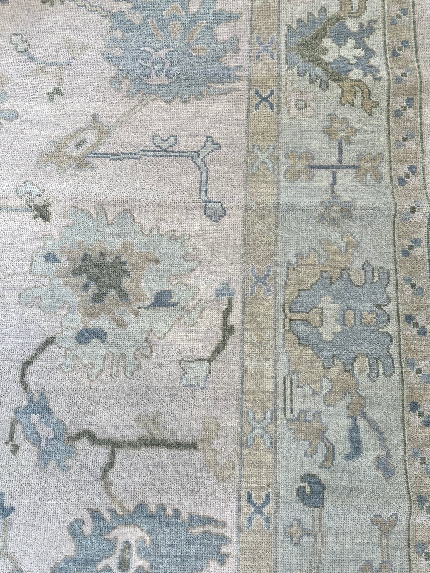 Evangeline Modern Oushak Rug with Blues and Greens.