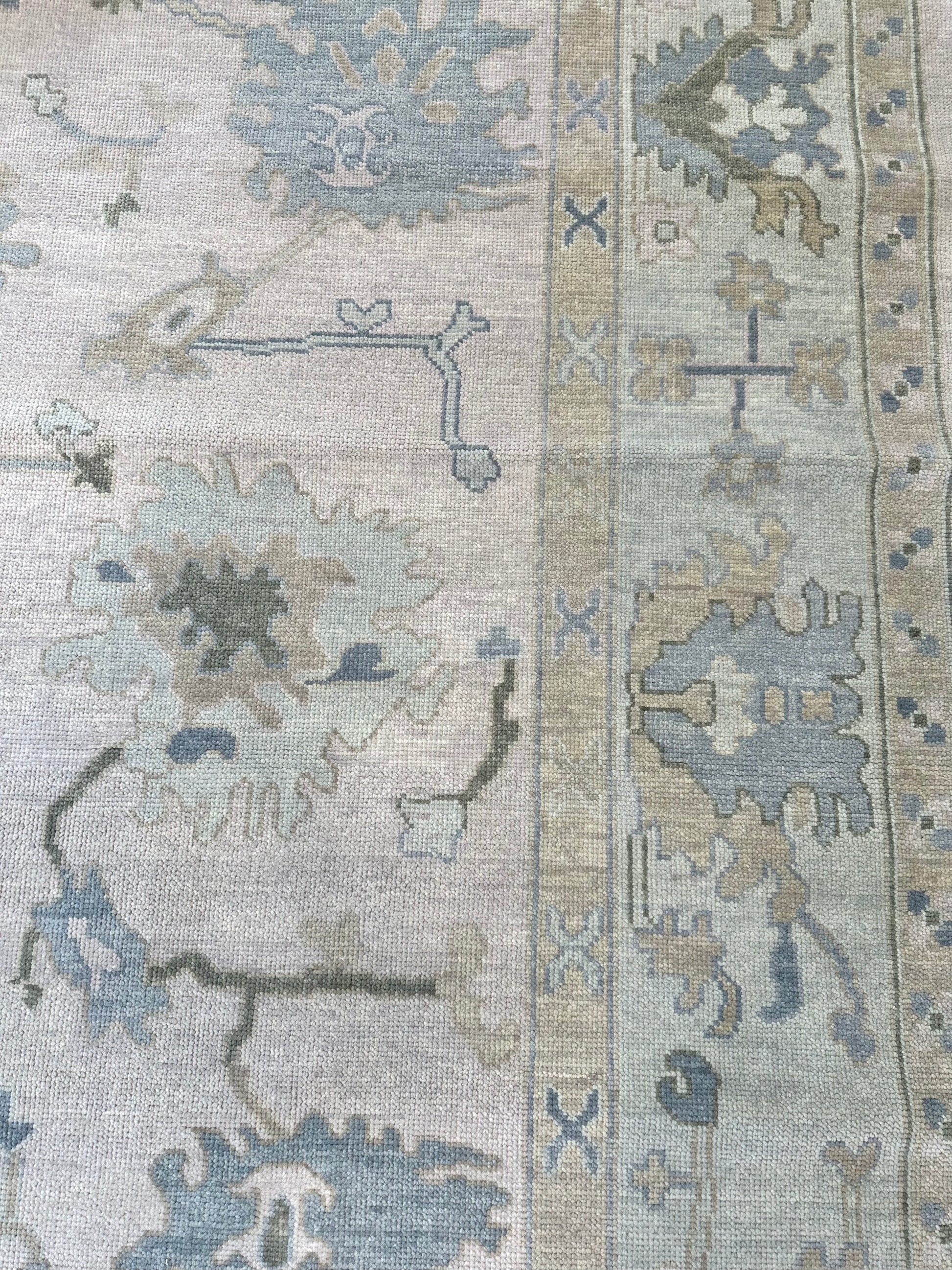 Evangeline Modern Oushak Rug with Blues and Greens.