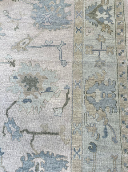 Evangeline Modern Oushak rug, warm gray, sage, mossy green, soft blue, tan — hand-knotted wool area rug