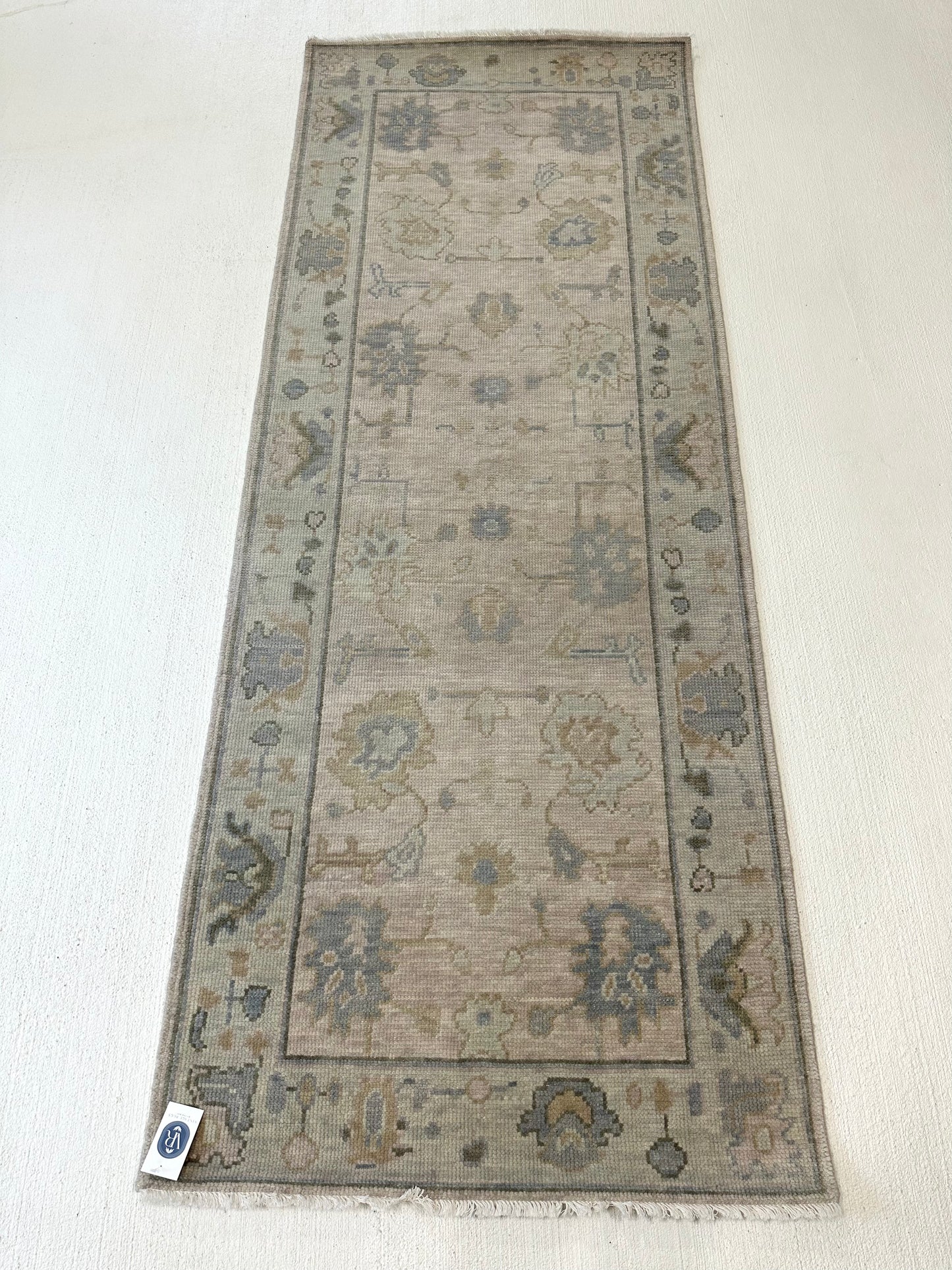 Evangeline modern Oushak blue and green runner for kitchen, foyer, hallways, and entryways 