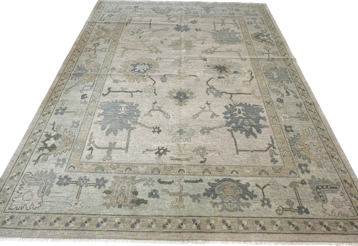 Evangeline modern Oushak neutral rug with blues and greens Full view