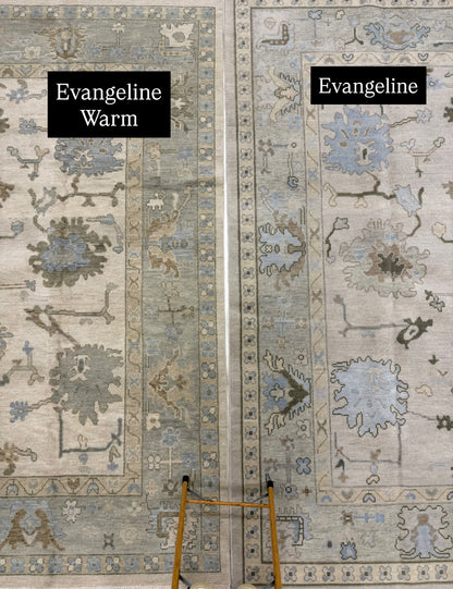 Evangeline Warm Modern Oushak rug — warm tan, sage green, rich brown, light blue, army green, hand-knotted 100% wool