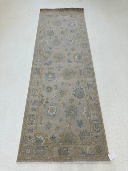 Eliza Modern Oushak runner rug, neutral base, soft green, gray-blue, cream, warm gold, hand-knotted wool