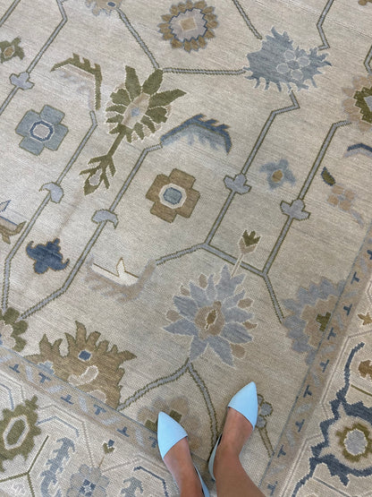 Emmaline Modern Oushak rug — beige, gray, cream, mossy green, blue, hand-knotted 100% wool