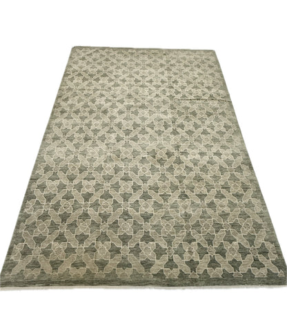 Marlee modern Oushak rug, hand-knotted wool with a geometric pattern in gray-green, stone, and beige