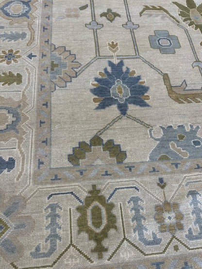 Emmaline Modern Oushak rug, beige, gray, cream, mossy green, blue — hand-knotted wool area rug