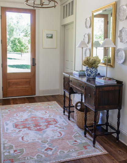 Chelsea Turkish Oushak rug in coral, hand-knotted wool — full view
