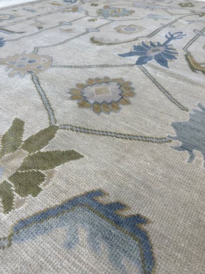Emmaline Modern Oushak rug — hand-knotted wool in beige with beige, gray, cream, mossy green, blue