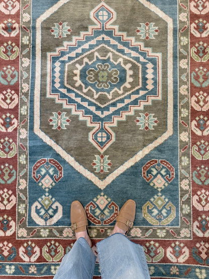 Charlotte Modern Oushak rug — medium blue, olive, rust, blush, mint green, light green, hand-knotted 100% wool
