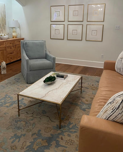 Maggie modern Oushak rug with a warm gray foundation, cool gray border, and aqua and turquoise accents, hand-knotted wool