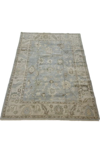 Darcy Turkish Oushak rug — blue, cream, warm brown, green, hand-knotted 100% wool